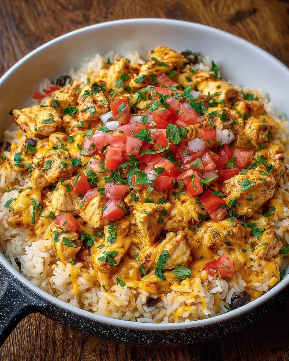 One-Pot Cheesy Southwest Chicken & Rice dish with creamy texture and vibrant colors