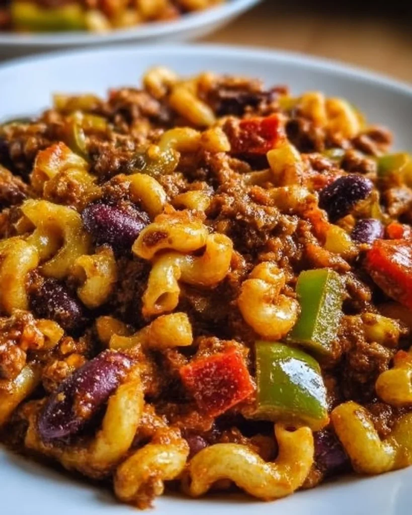 Bowl of creamy vegetarian chili mac with herbs, cheese, and pasta.