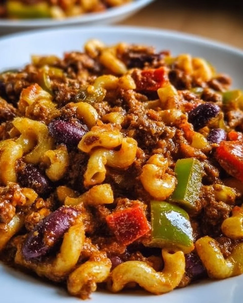 Bowl of creamy vegetarian chili mac with herbs, cheese, and pasta.