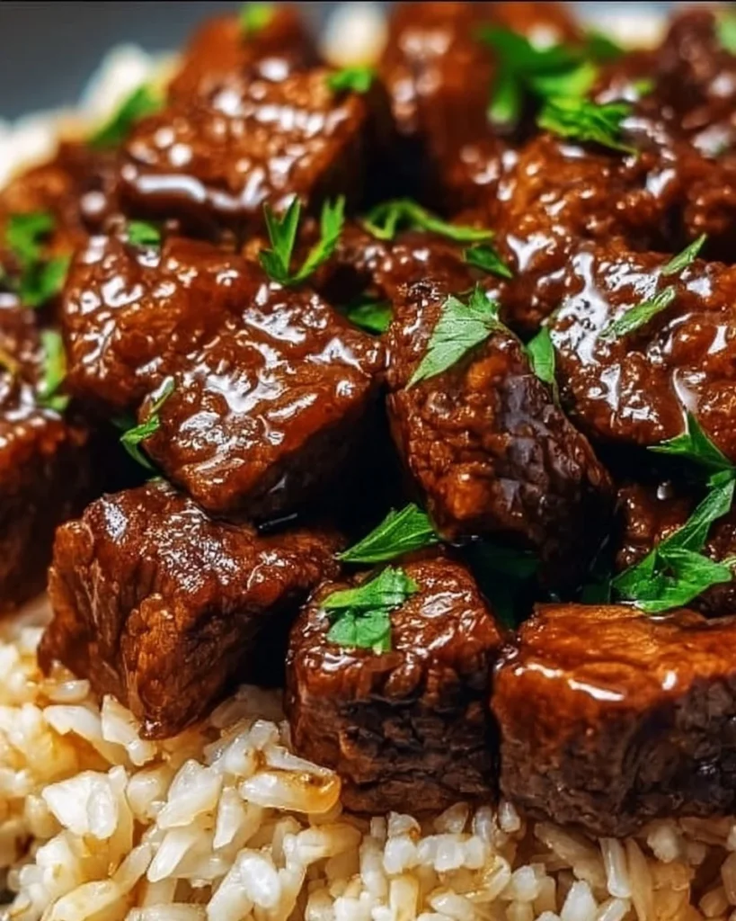 Creamy honey BBQ steak rice dish in a skillet ready to serve.