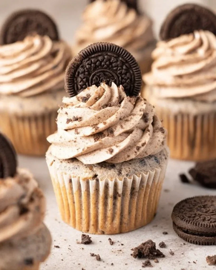 Delicious homemade Oreo Cupcakes topped with cream and crushed Oreos