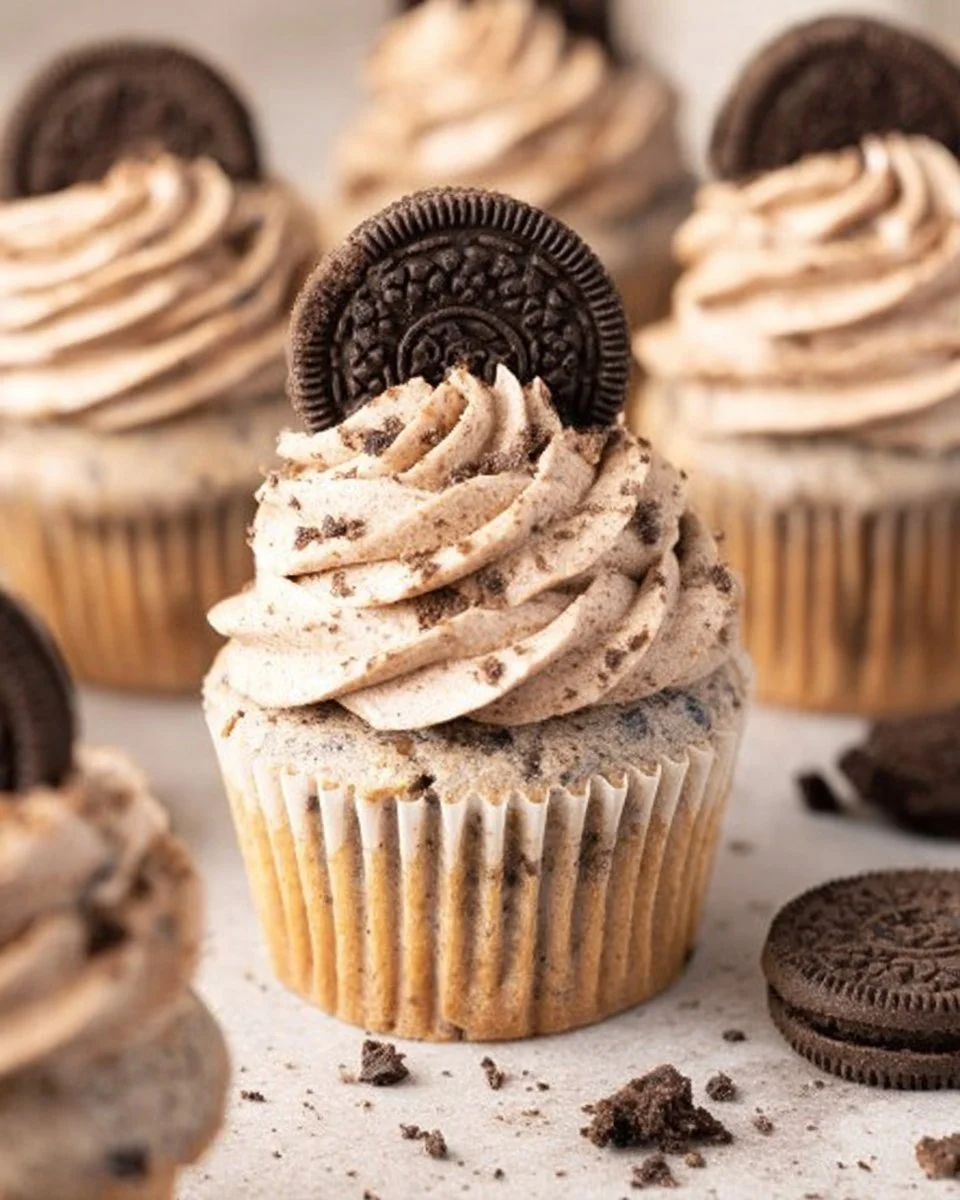 Delicious homemade Oreo Cupcakes topped with cream and crushed Oreos