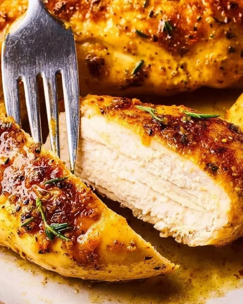 Juicy oven baked chicken breast served with fresh vegetables on a plate.