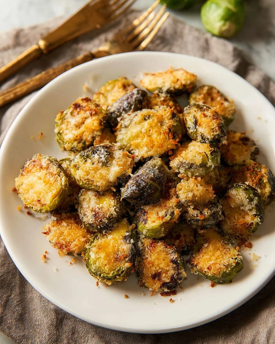 Baked Parmesan Smashed Brussels Sprouts topped with cheese