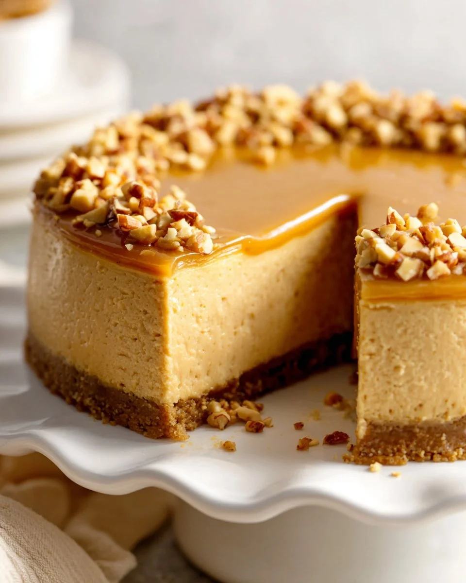 Healthy peanut butter cheesecake topped with chocolate drizzle and peanuts