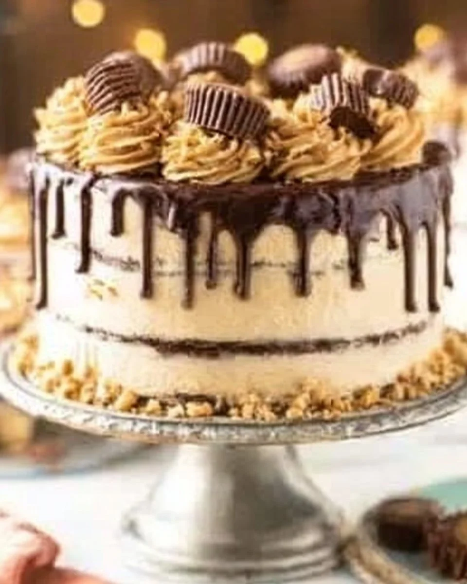 Delicious peanut butter chocolate layer cake with rich frosting and chocolate layers.