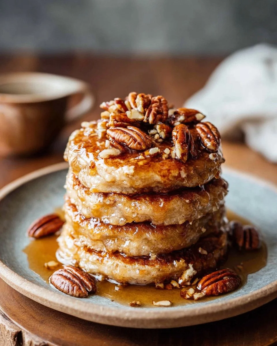Fluffy pecan pie pancakes topped with pecans and syrup