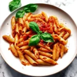 Delicious penne pasta served with marinara sauce and garnished with herbs
