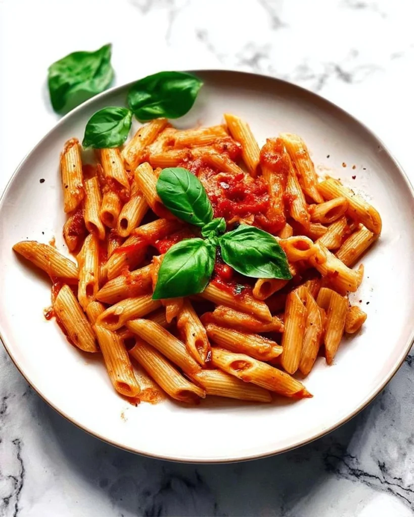 Delicious penne pasta served with marinara sauce and garnished with herbs
