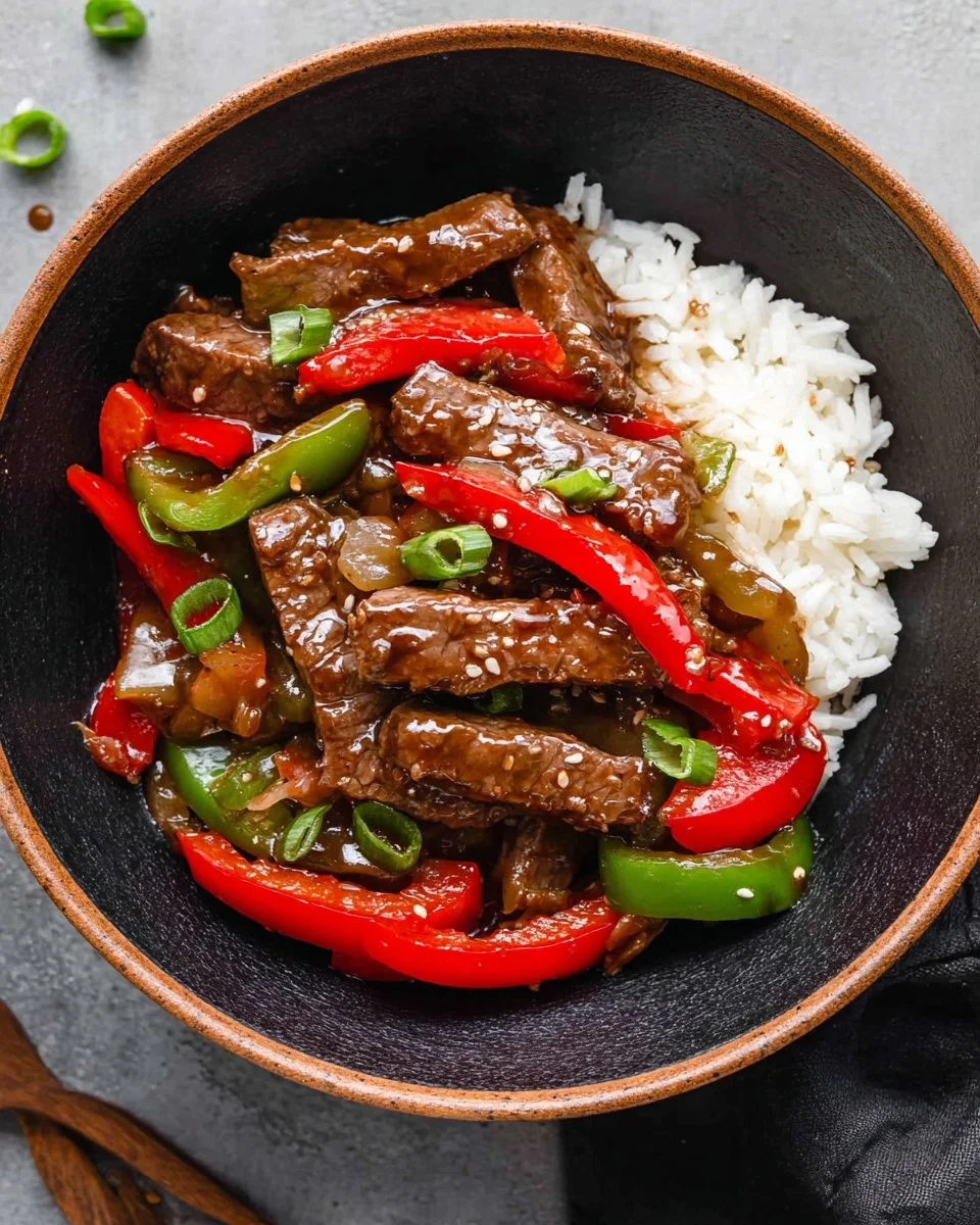 Heart-healthy pepper steak dish served with vegetables on a plate