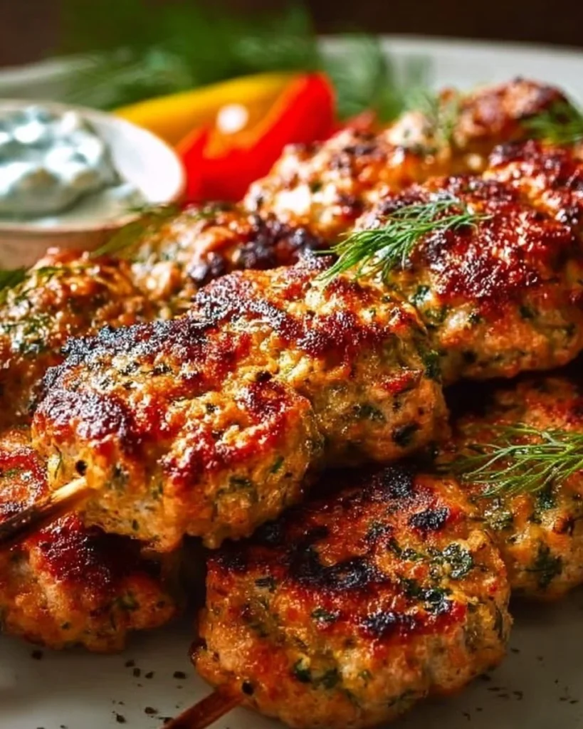 Delicious turkey kabobs on skewers, grilled with vegetables for a healthy meal.