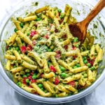 Pesto pasta salad topped with fresh vegetables and protein-rich ingredients.