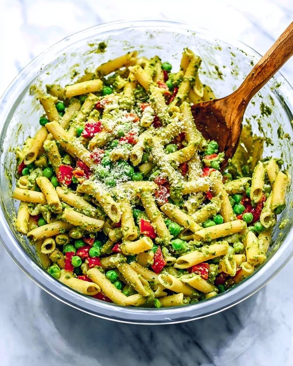 Pesto pasta salad topped with fresh vegetables and protein-rich ingredients.