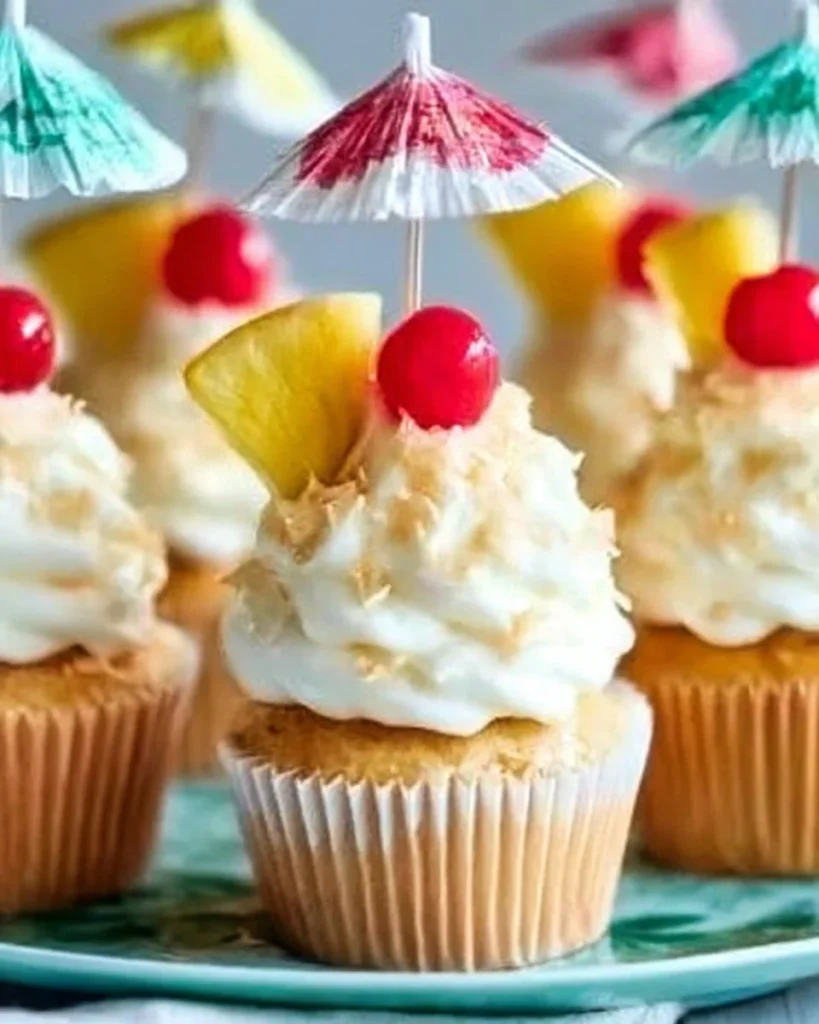 Delicious Pina Colada Cupcakes with tropical flavors and coconut frosting