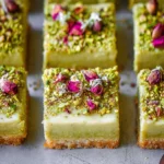 Delicious low-carb pistachio cheesecake bars served on a white plate