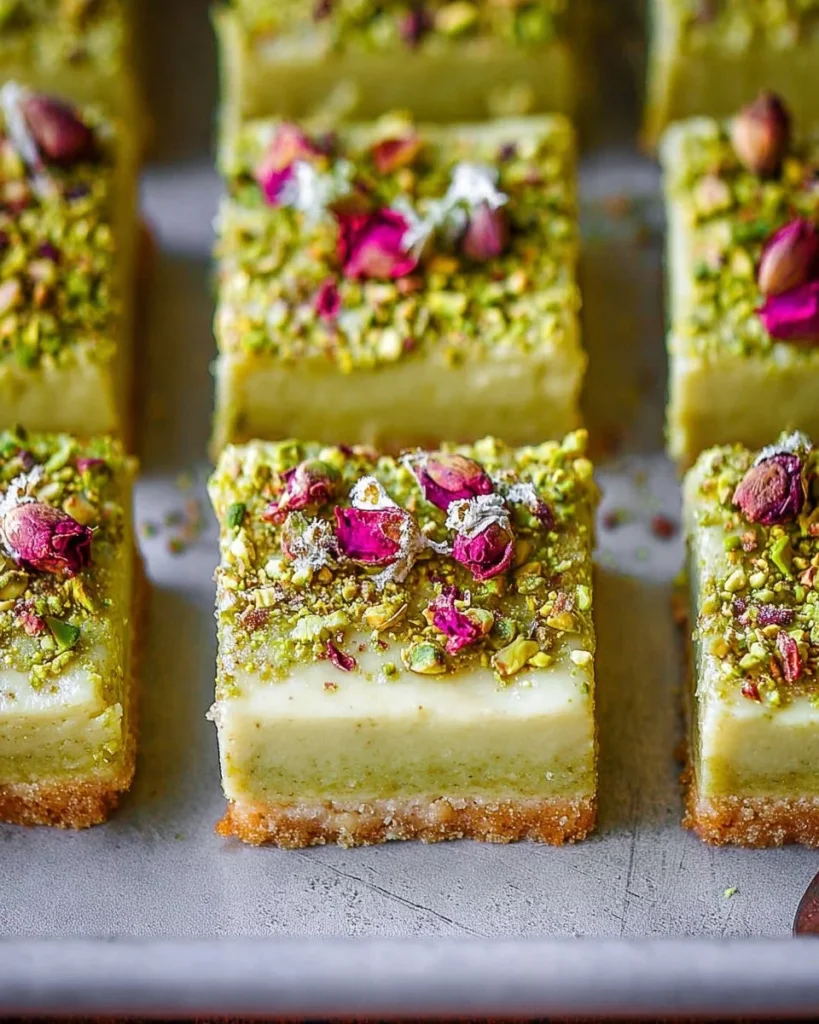 Delicious low-carb pistachio cheesecake bars served on a white plate