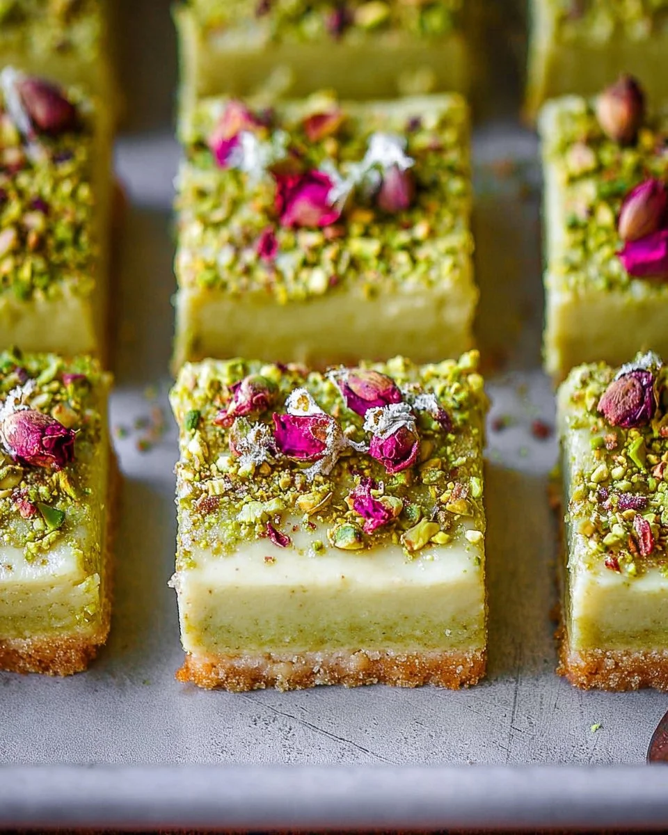 Delicious low-carb pistachio cheesecake bars served on a white plate