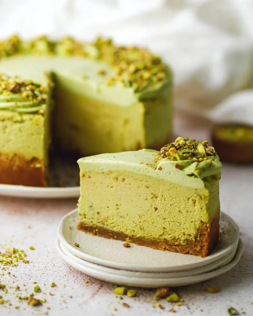 Delicious pistachio cheesecake slice topped with whipped cream and crushed nuts