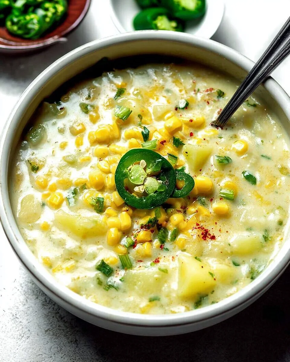 Creamy potato soup with corn and jalapeno garnished with fresh herbs.