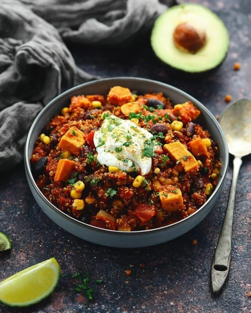 Bowl of hearty slow cooker Mexican quinoa topped with fresh avocado and cilantro.