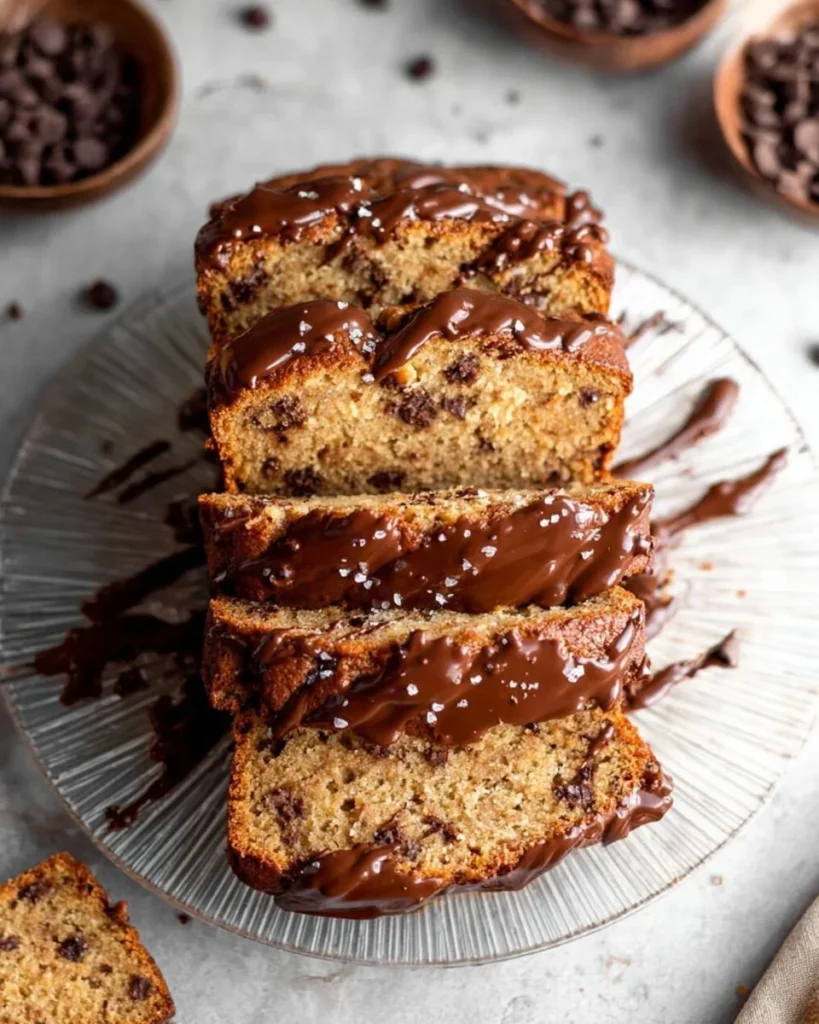 A loaf of protein banana bread, sliced and topped with nuts, on a wooden cutting board.