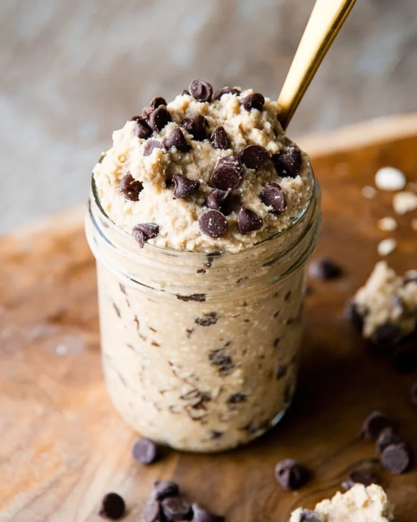 Delicious protein cookie dough topped with chocolate chips in a bowl