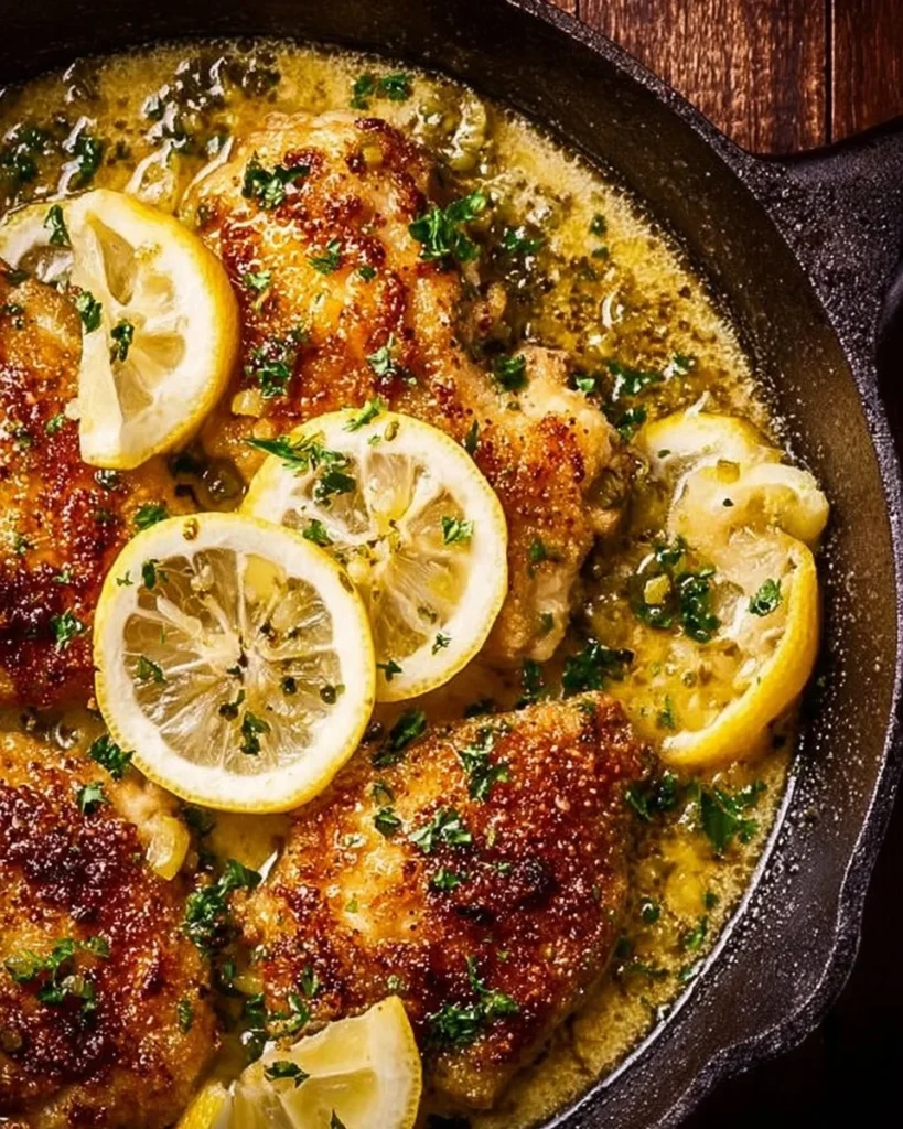 Quick and Easy Lemon Chicken recipe on a plate with fresh herbs