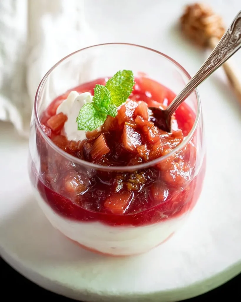 Delicious rhubarb compote served in a bowl with fresh rhubarb stalks