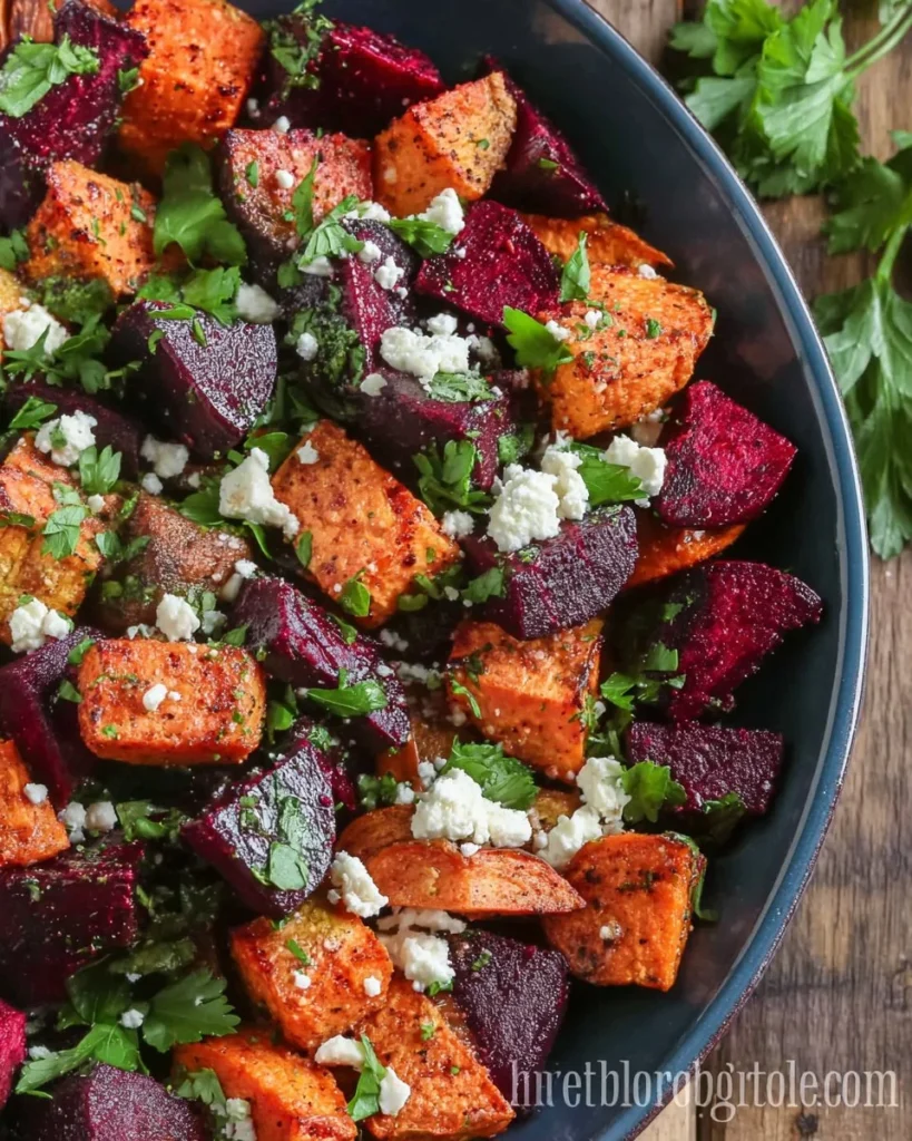 Roasted beets and sweet potatoes on a plate, garnished for a colorful dish.