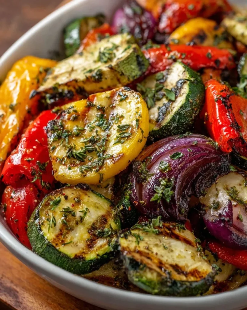 Plate of roasted Mediterranean Greek vegetables with vibrant colors and textures