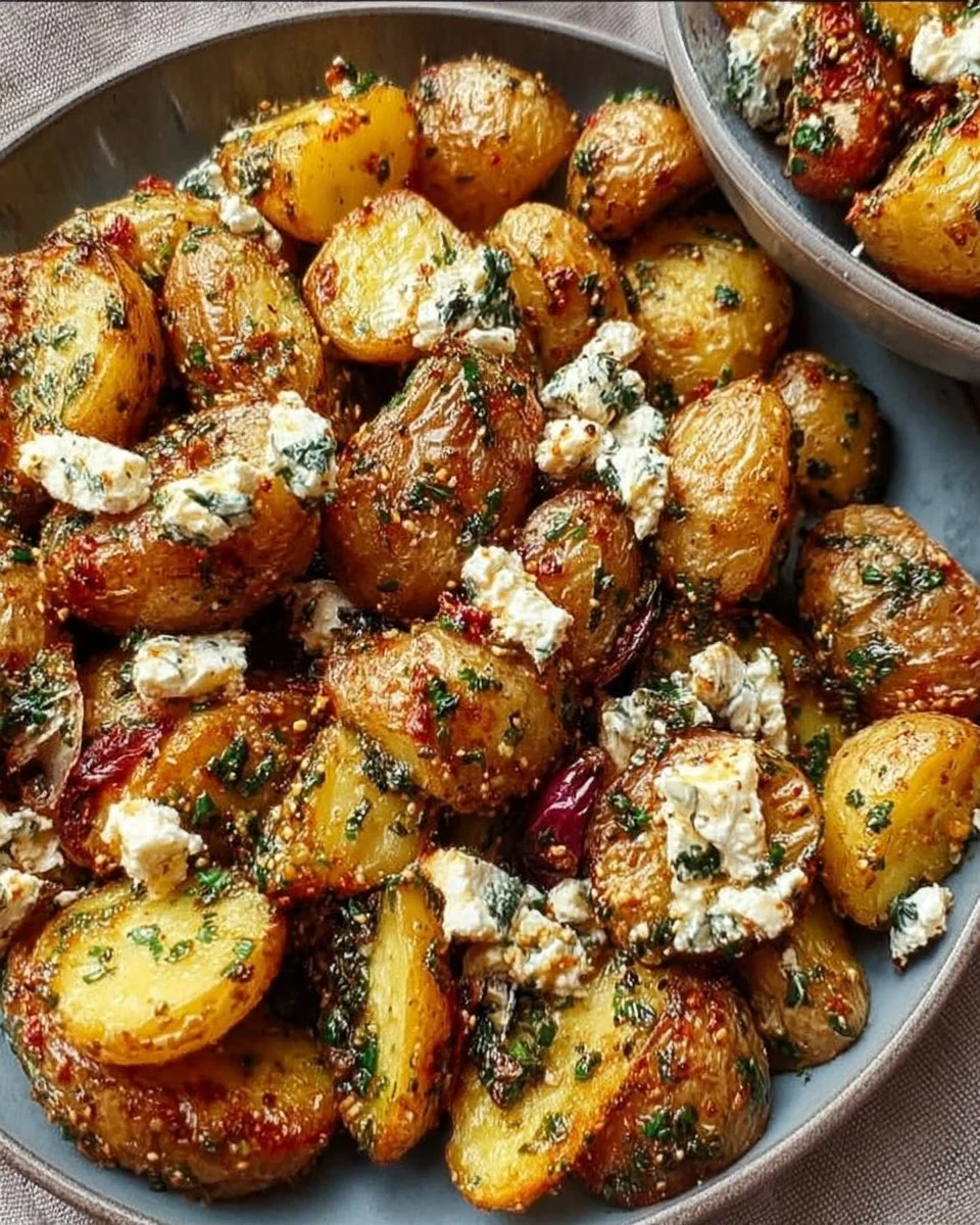 Delicious roasted potatoes with baked feta and garlic for a flavorful side dish