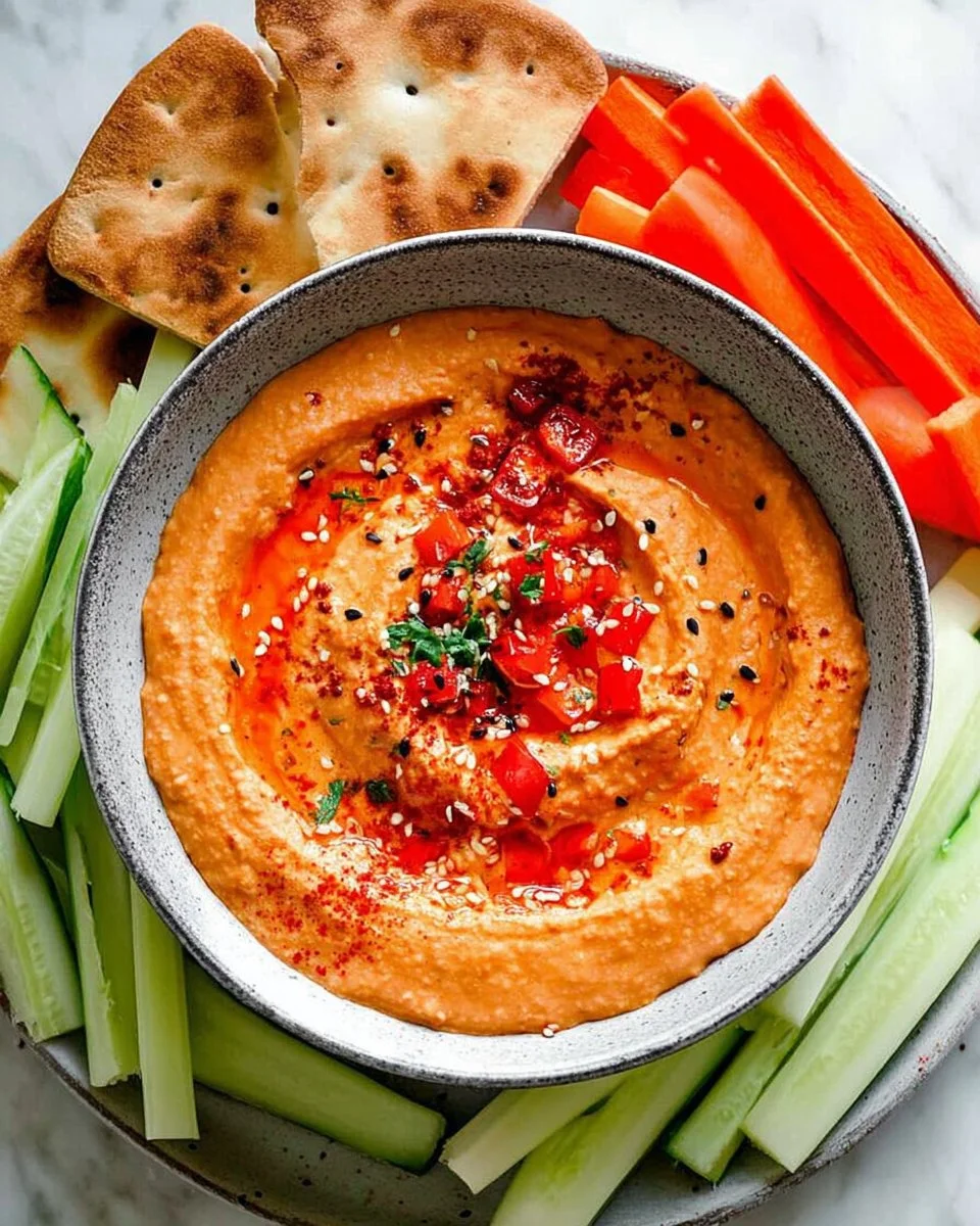 Delicious roasted red pepper hummus served in a bowl with fresh veggies