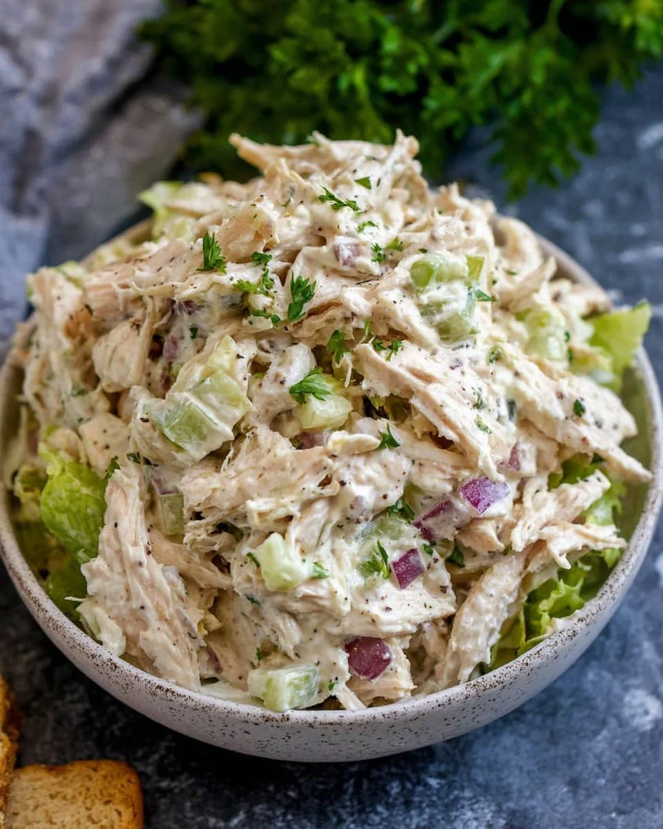 Delicious rotisserie chicken salad with creamy dressing and fresh vegetables