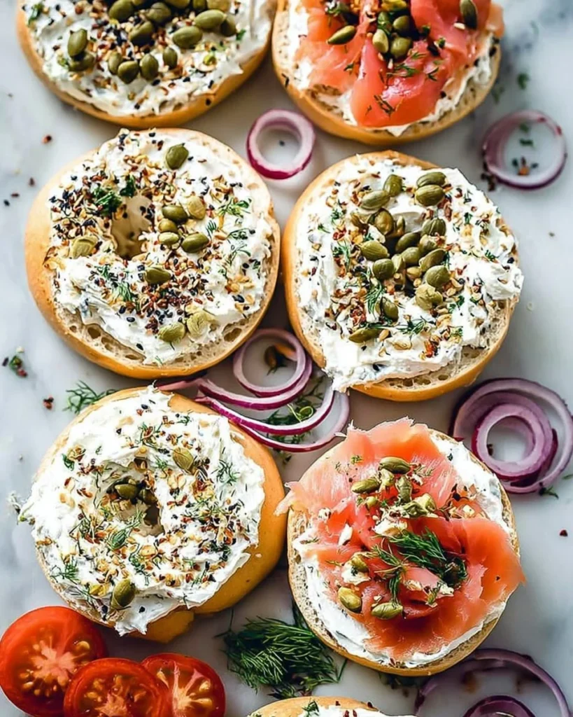 Delicious salmon cream cheese bagels topped with fresh herbs and spices