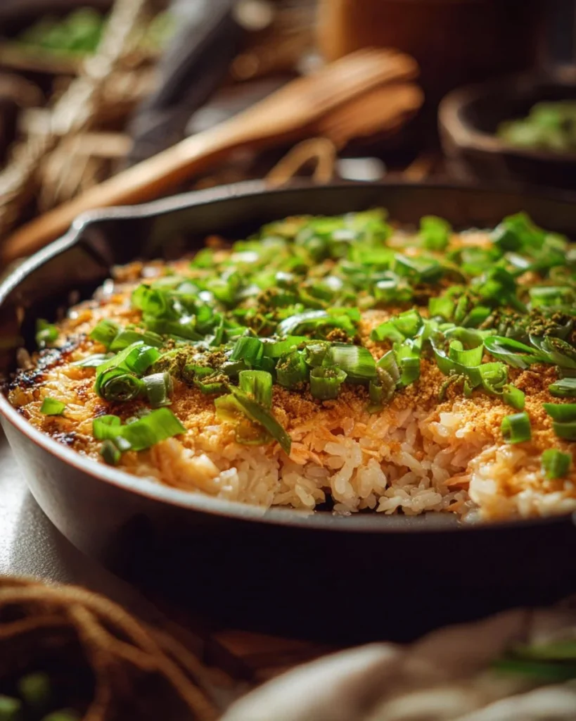Delicious salmon sushi bake topped with fresh salmon and cheese.