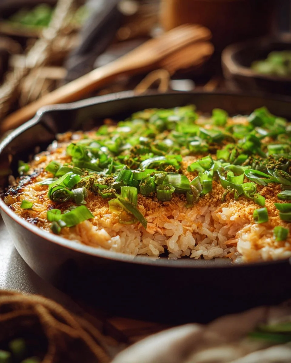 Delicious salmon sushi bake topped with fresh salmon and cheese.