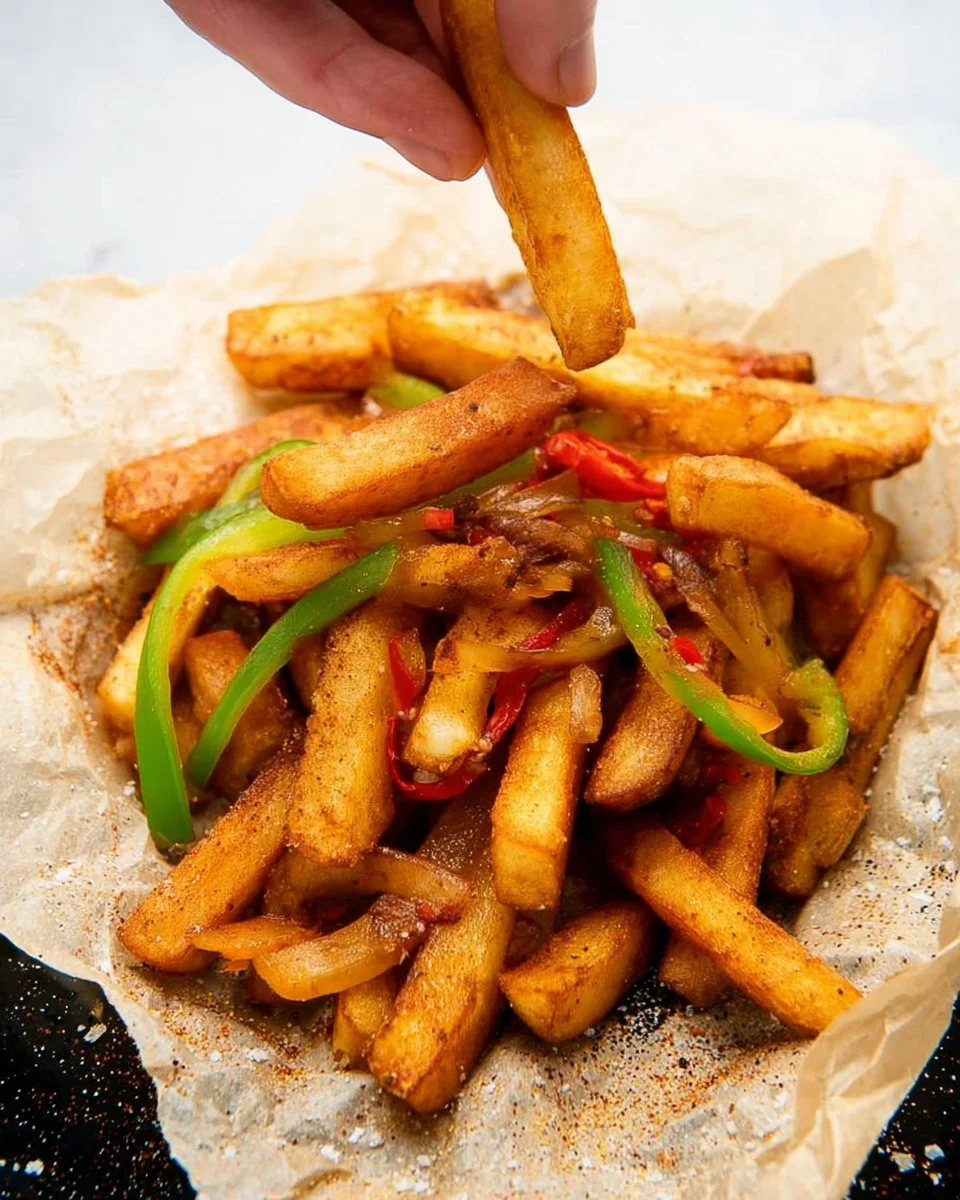A bowl of delicious Salt and Chilli Chips garnished with fresh herbs.