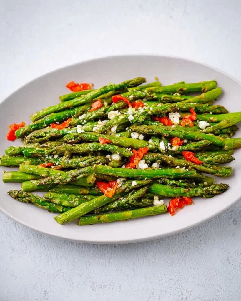 Sautéed asparagus served in a skillet with garlic and lemon