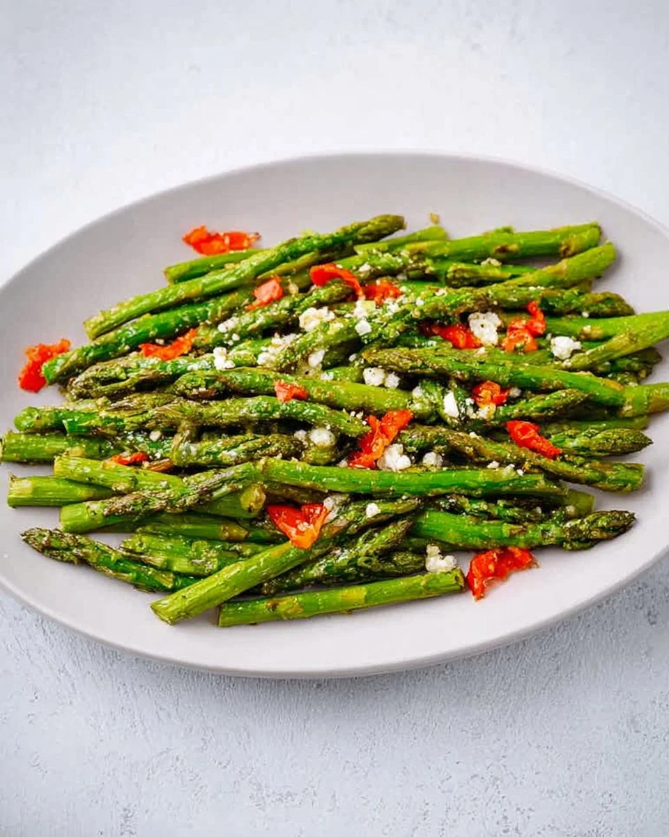 Sautéed asparagus served in a skillet with garlic and lemon
