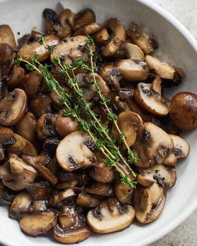 Plate of sautéed mushrooms garnished with fresh herbs and spices