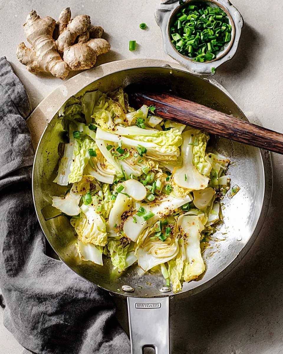 Sautéed Napa cabbage dish served in a bowl with a garnish
