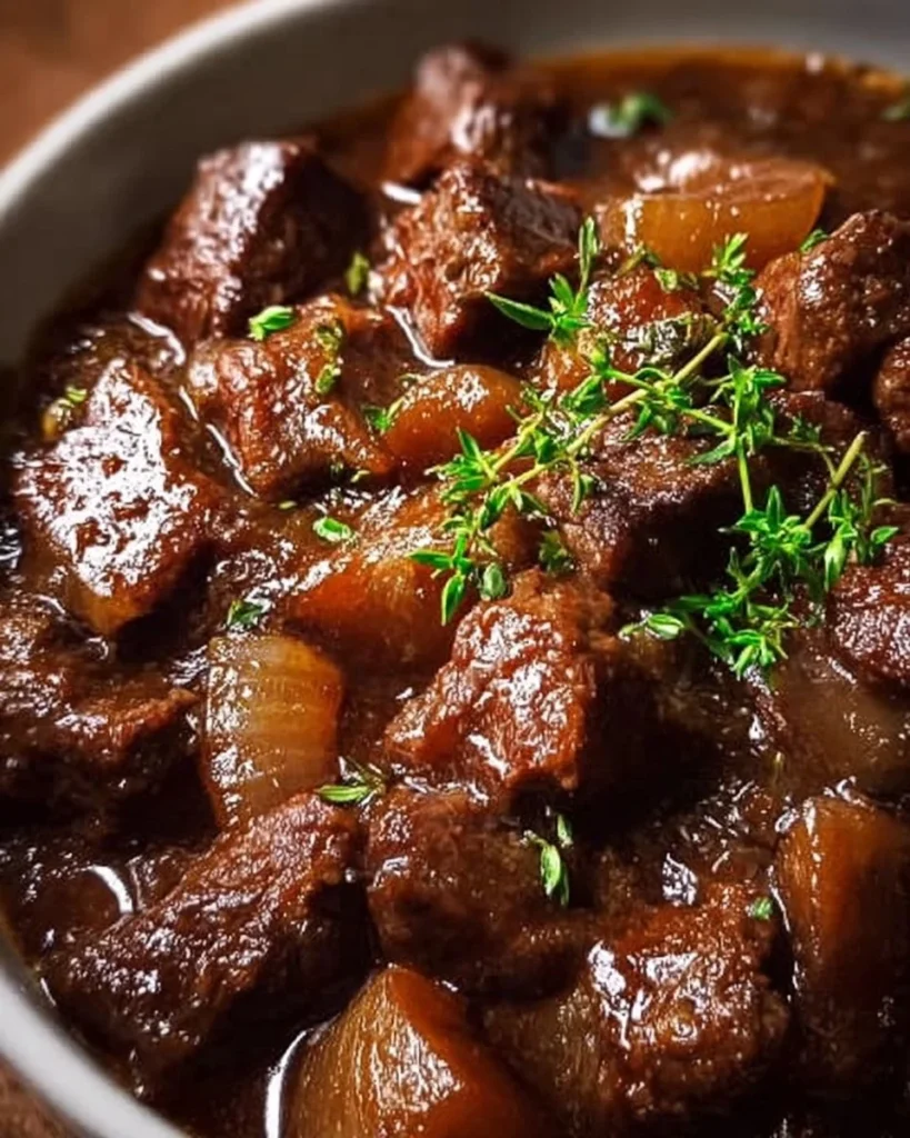 Savory beef stew in a bowl garnished with herbs and vegetables