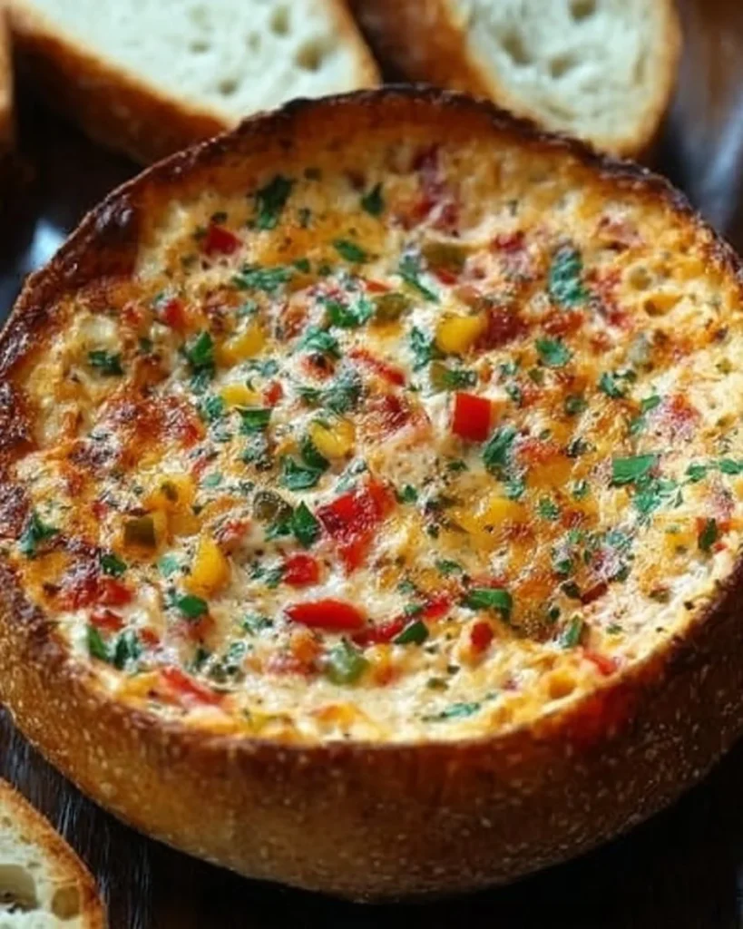 Savory Orleans Hot Muffuletta Dip served in a bowl with baguette slices