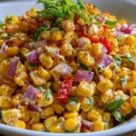 Delicious Shoepeg Corn Salad with a creamy dressing and colorful vegetables