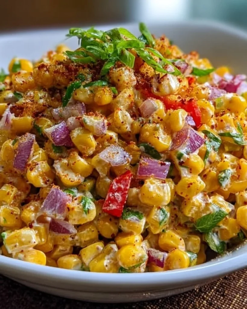 Delicious Shoepeg Corn Salad with a creamy dressing and colorful vegetables