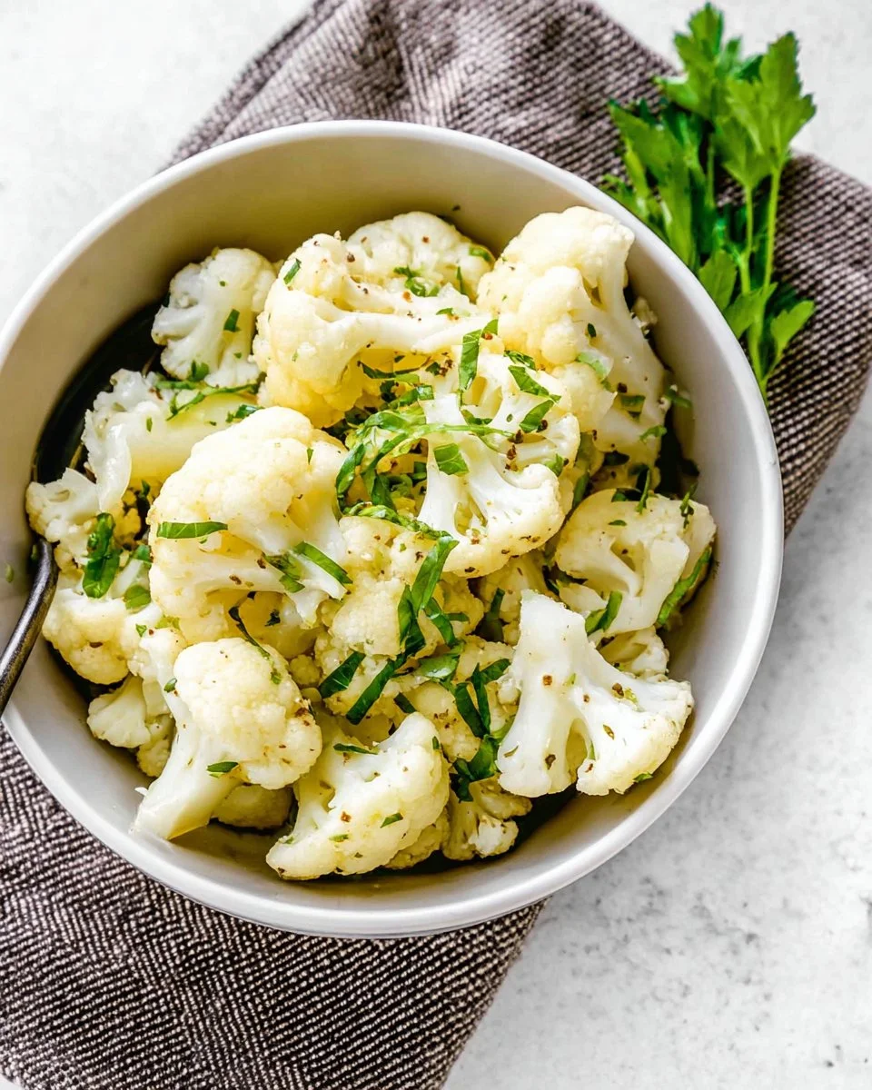 Simple steamed cauliflower with fresh herbs garnishing on a plate