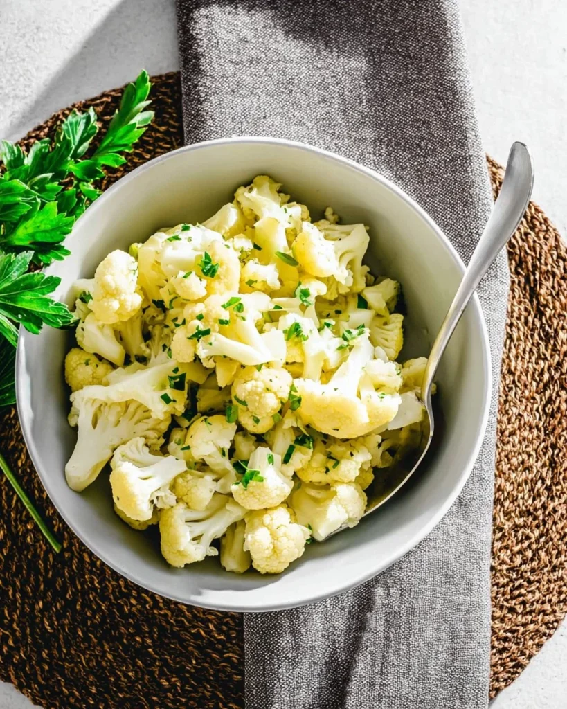 Healthy steamed cauliflower with herbs on a plate