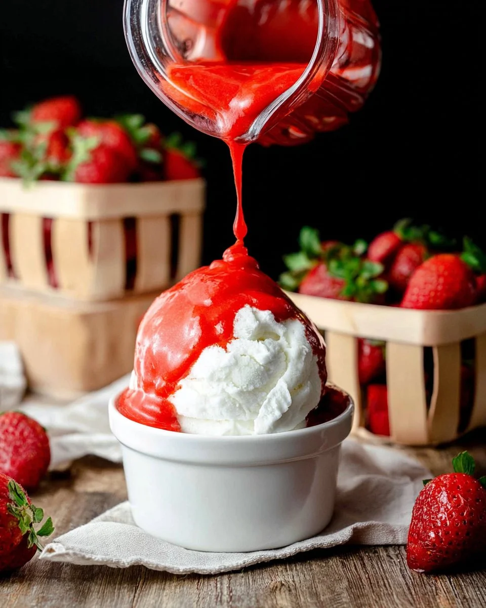 Bowl of homemade strawberry coulis drizzled over dessert.