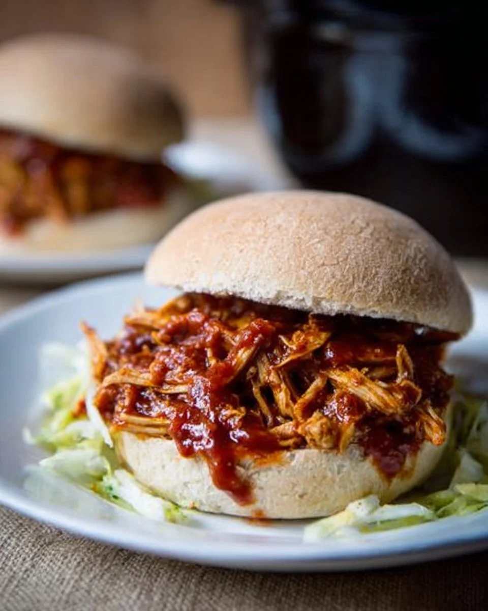 Tender slow cooker barbecue pulled chicken served with buns and coleslaw