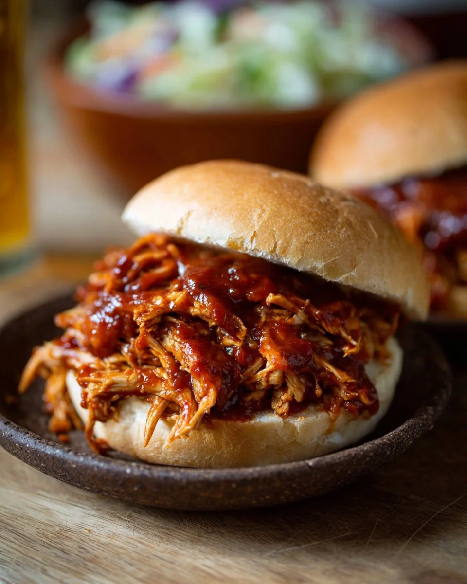 Slow Cooker Barbecue Pulled Chicken on a plate garnished with herbs